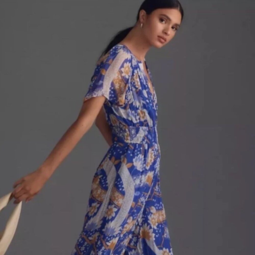 Anthropologie Somerset Jumpsuit Chiffon Edition Floral Blue Motif - LONG